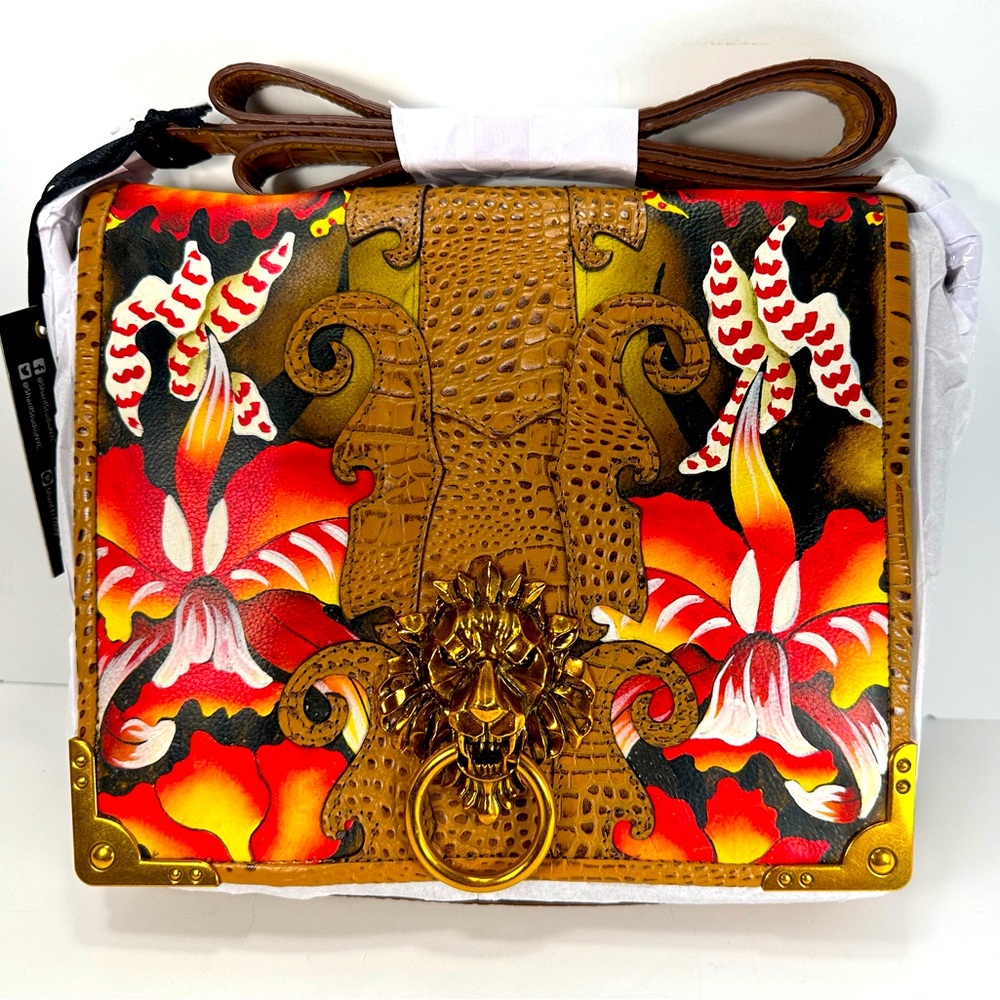 NWT - Beautiful Sharif Safari Orchid Flap-Over Crossbody with Lion's Head Detail
